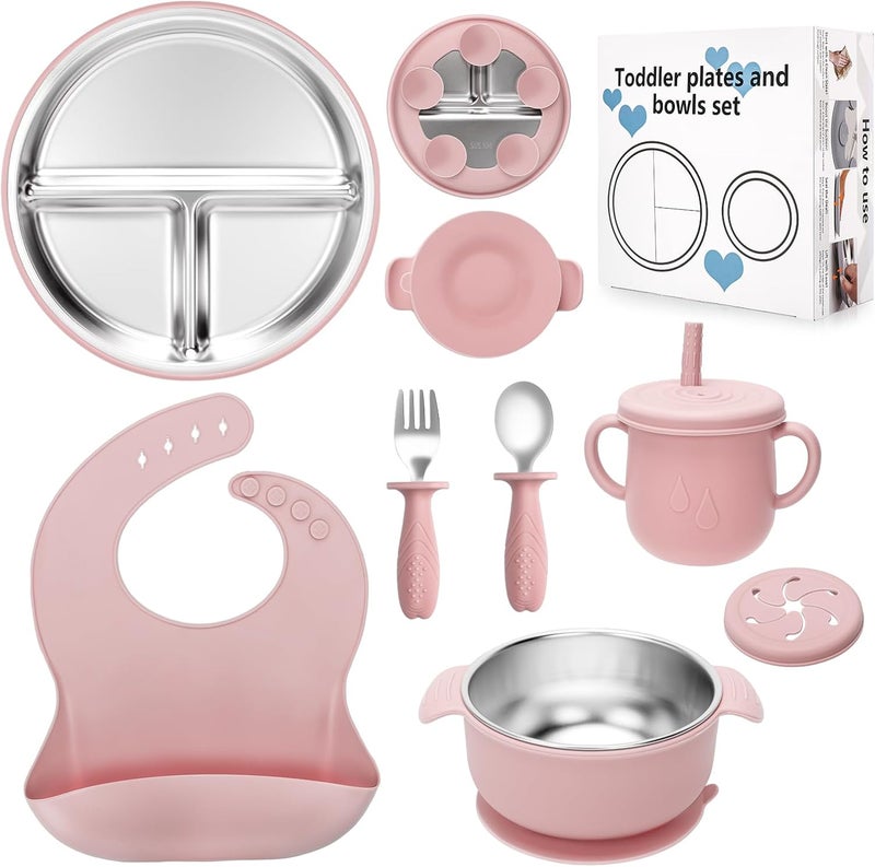 mislili Stainless Steel Kids Plates and Bowls Set with Suction, Divided Baby Plate and Toddler Bowl with Removable Silicone Suction,Stainless Steel Weaning Bundle, Silicone Baby Feeding Set (Pink) - Image 1